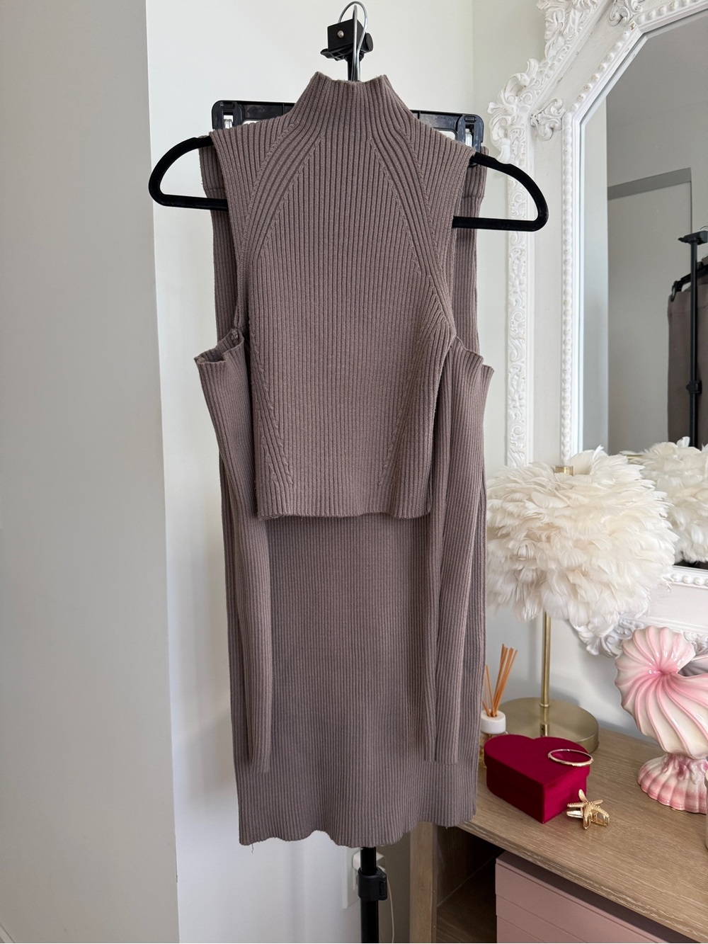 Zara Knit Cold Shoulder Top & Midi Skirt Set - Taupe